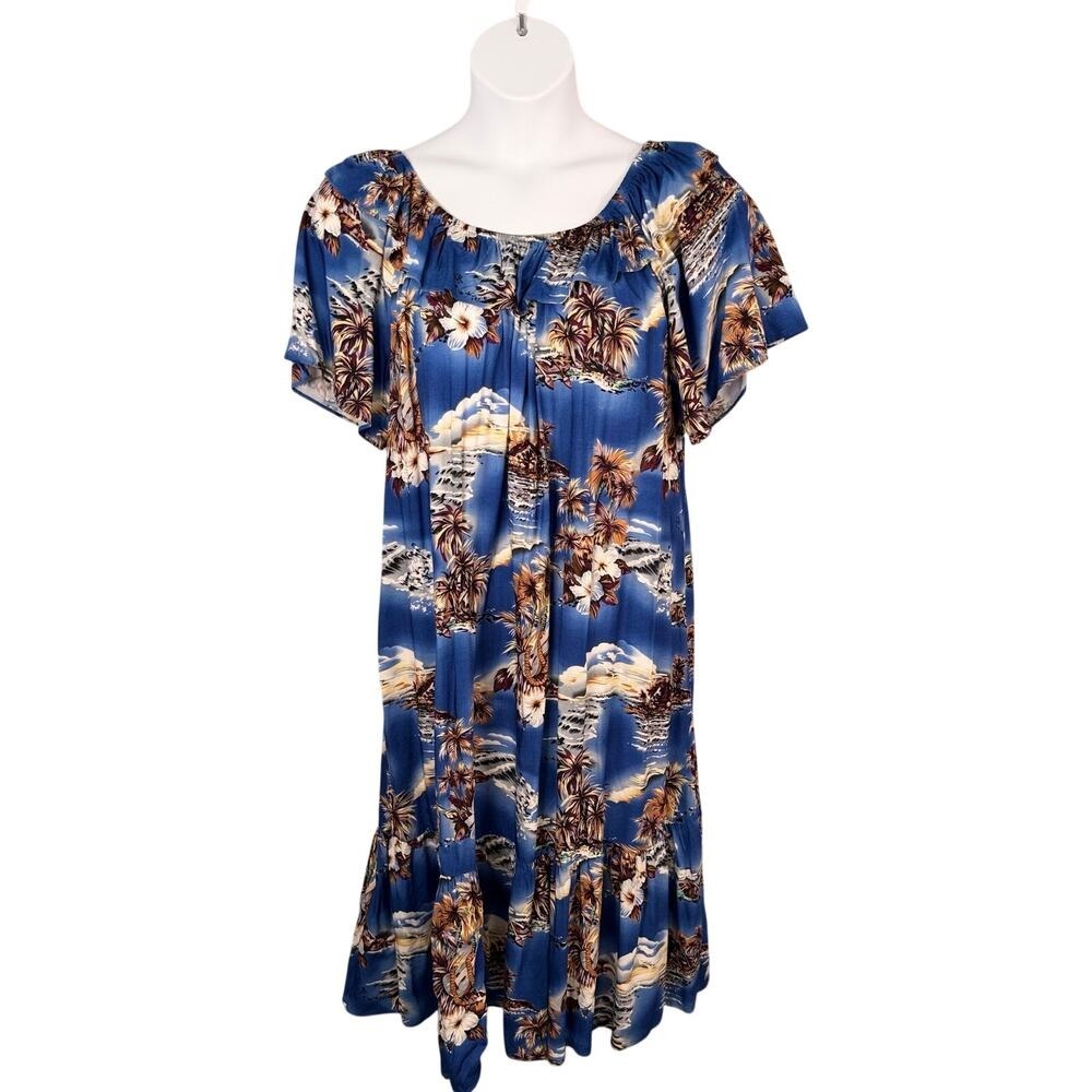 Vtg Hilo Hattie Dress Plus 1X Blue Off Shoulder Ruffle Midi Ukulele‎ Hawaiian